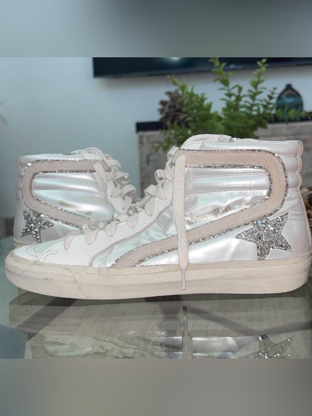 Golden Goose slide leather mid top sparkly sneakers